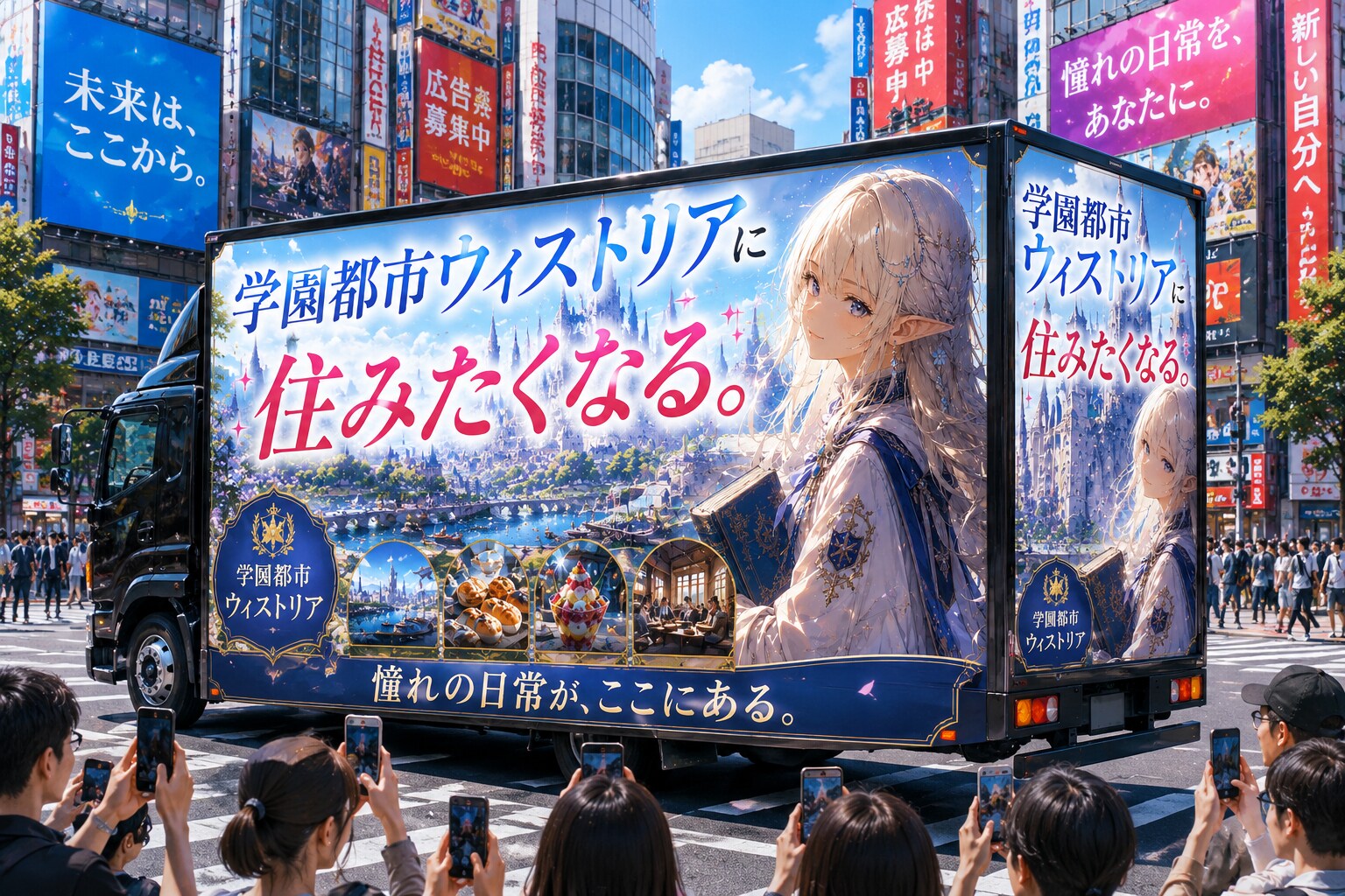 アドトラックで街中を走るエルフの女の子