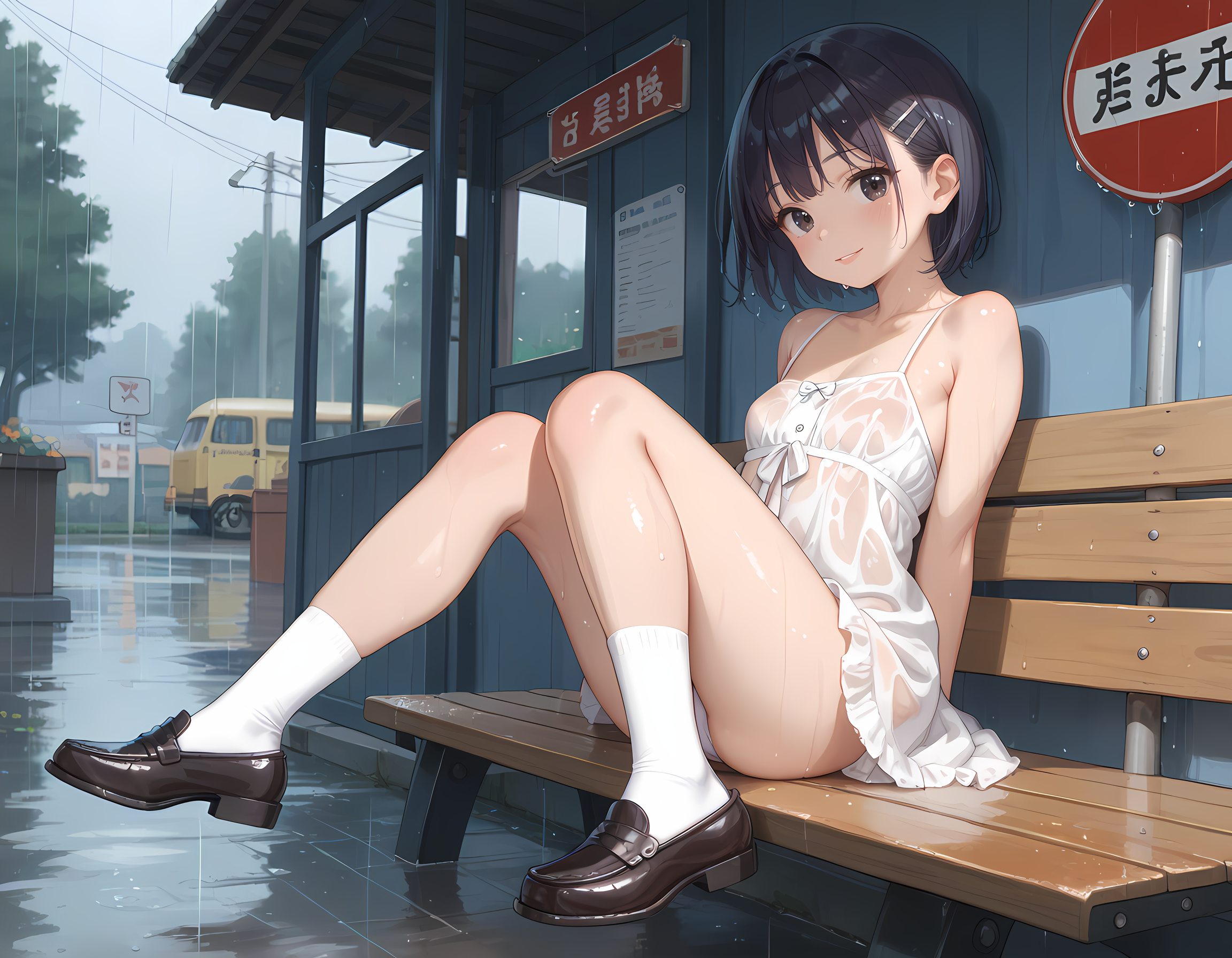 雨とバス停と少女