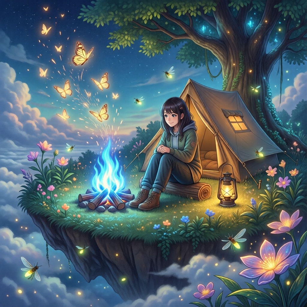 魔法の焚き火と空のキャンプ場