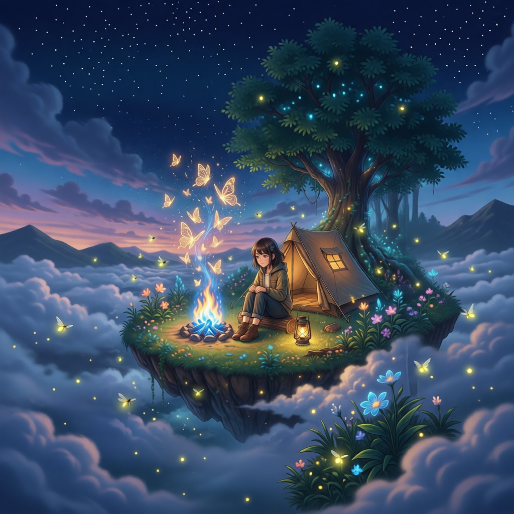 魔法の焚き火と空のキャンプ場