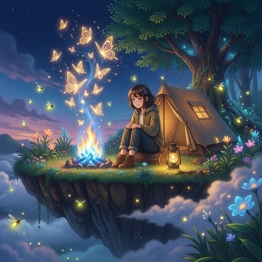魔法の焚き火と空のキャンプ場