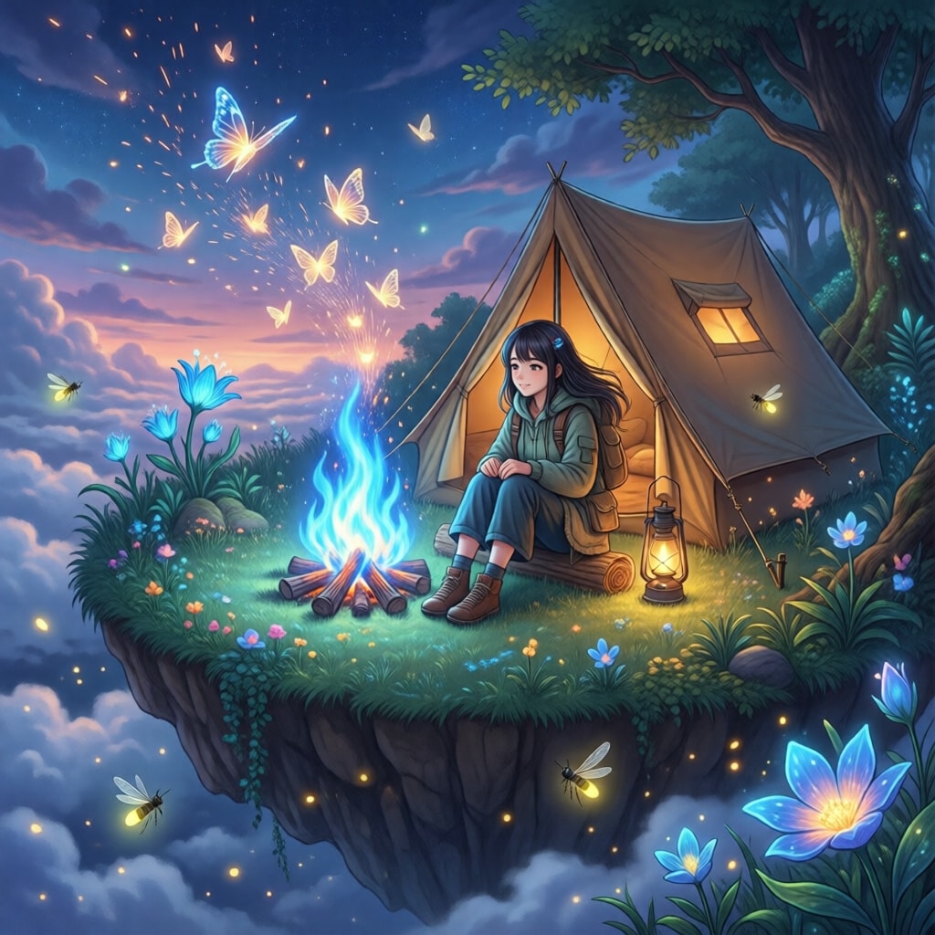 魔法の焚き火と空のキャンプ場