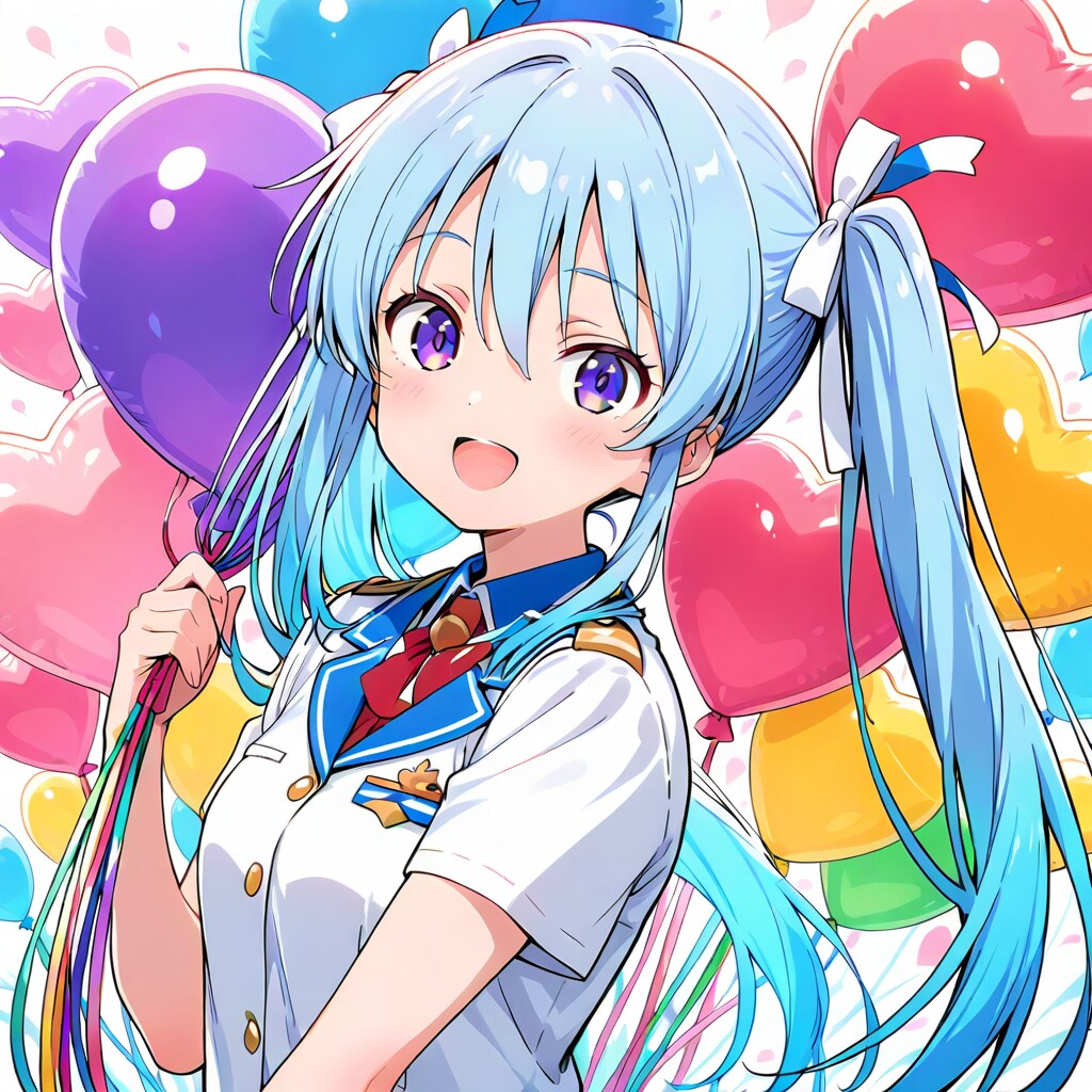 いっぱい色とりどりの風船を持つ青い髪ロングの海兵服着た美女