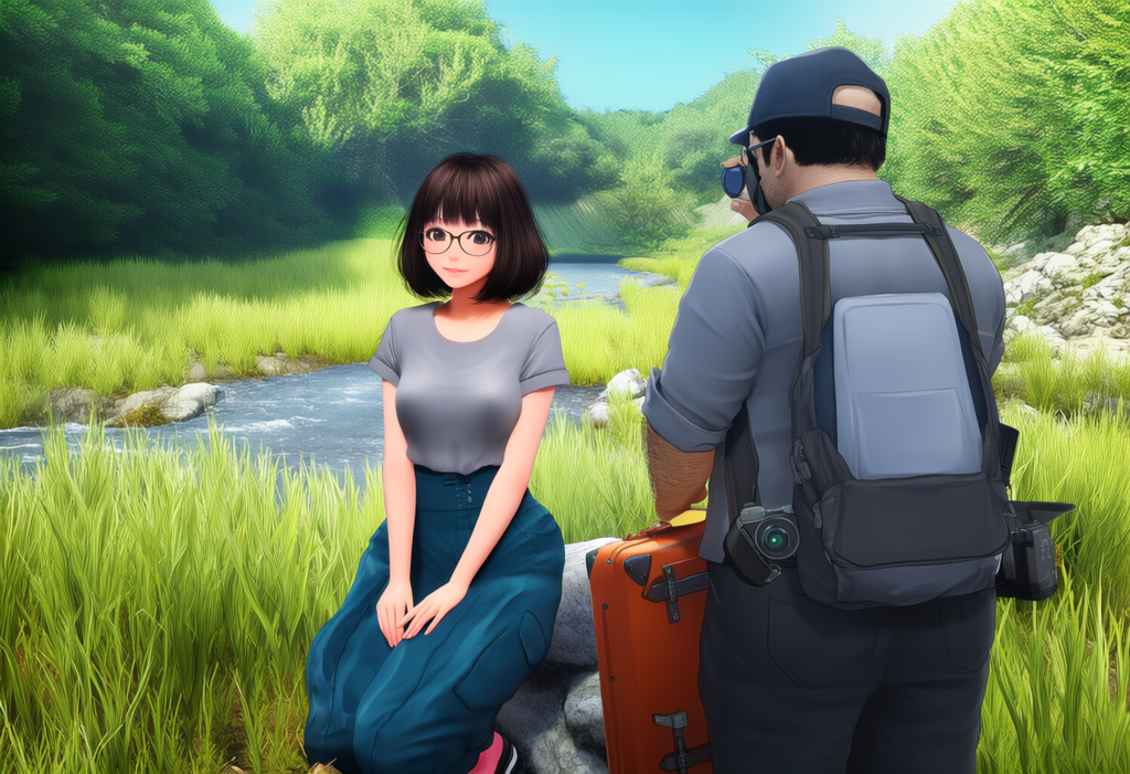 眼鏡をかけた女性　森林で写真撮影