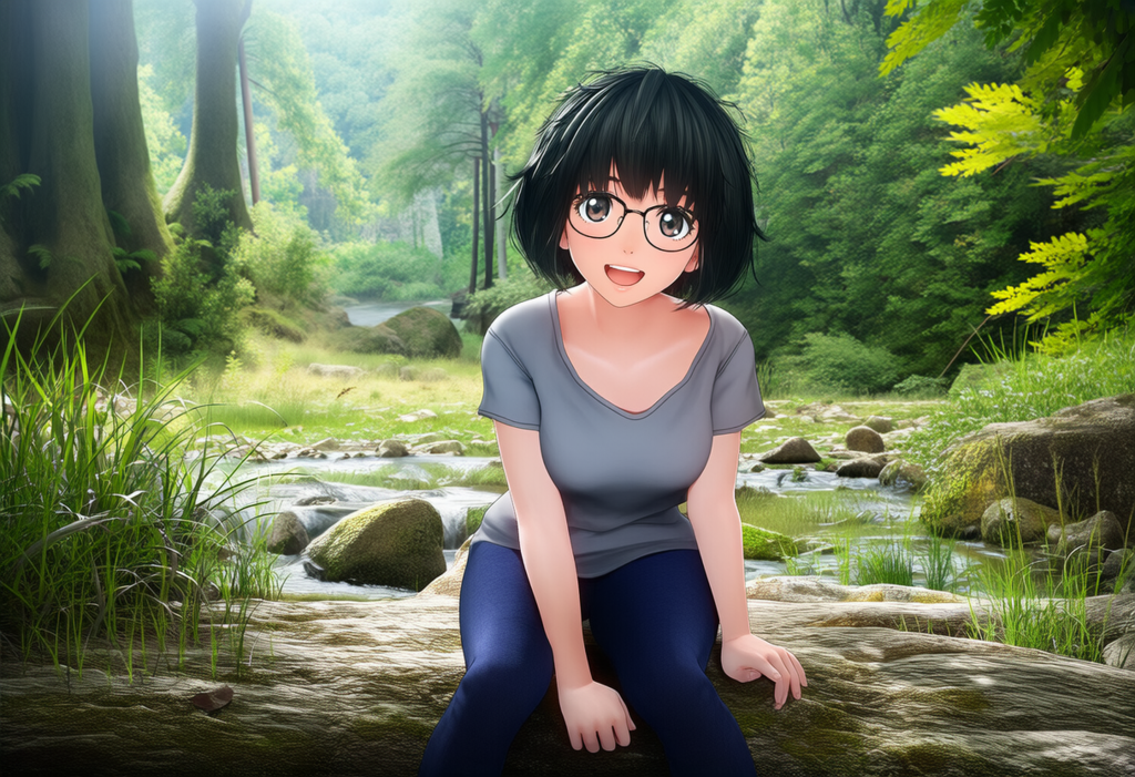 眼鏡をかけた女性　森林で写真撮影