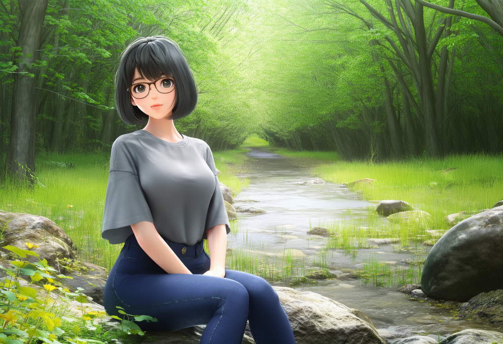 眼鏡をかけた女性　森林で写真撮影