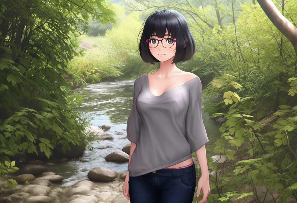 眼鏡をかけた女性　森林で写真撮影