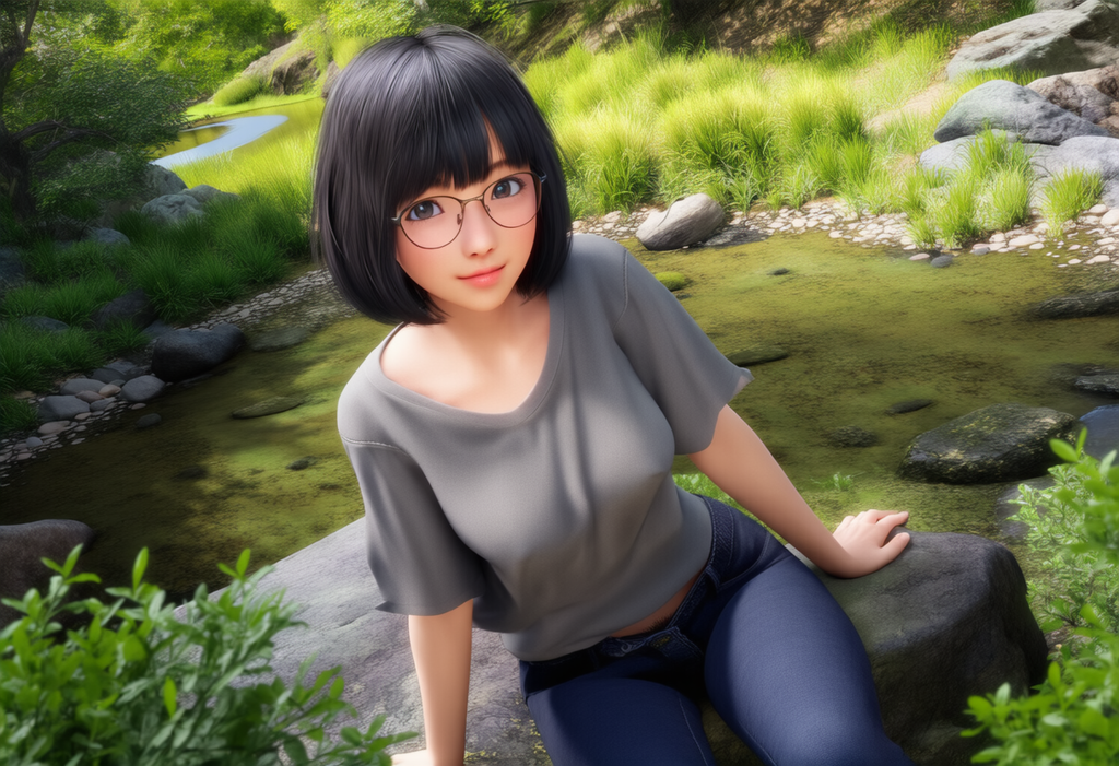 眼鏡をかけた女性　森林で写真撮影