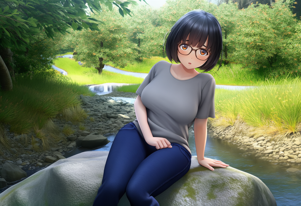 眼鏡をかけた女性　森林で写真撮影