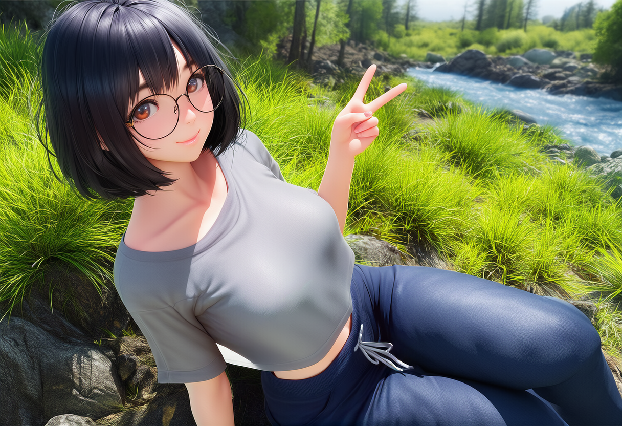 眼鏡をかけた女性　森林で写真撮影