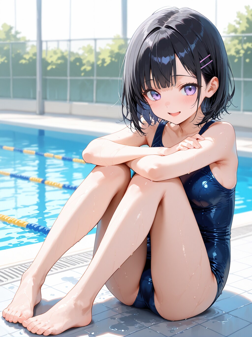 競泳水着で体育座り
