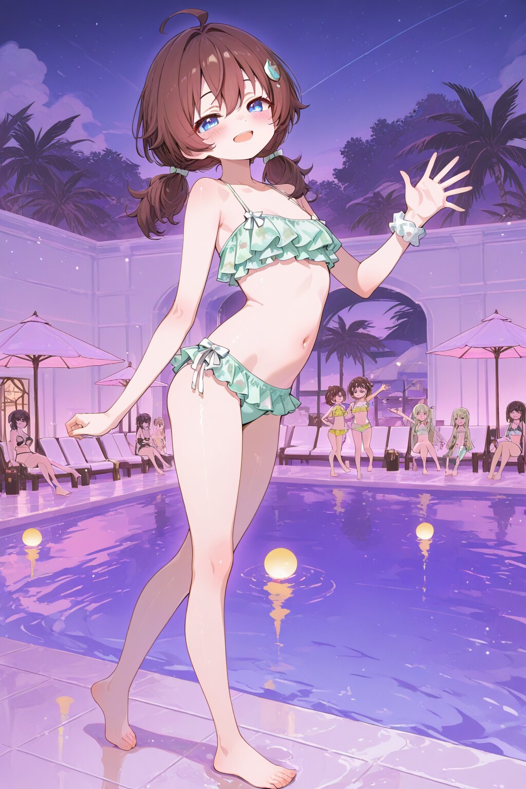 リゾートプールとフリル水着のぺたん娘