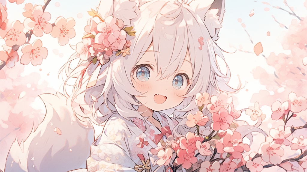 桜舞う季節に微笑む白狐の少女