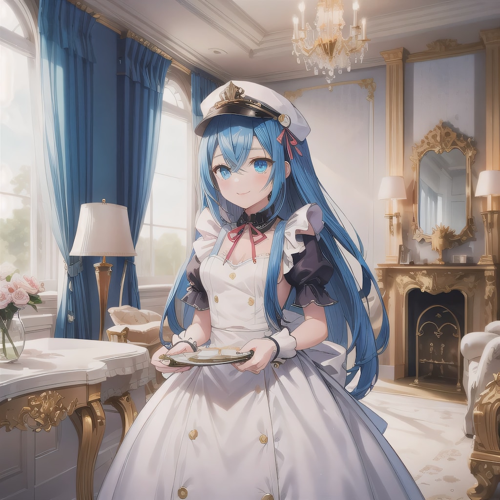 青髪ロングでメイド服の少女