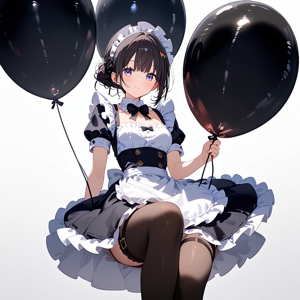 黒い巨大風船を持つ黒髪のメイド服の美女。 | の人気AIイラスト・グラビア