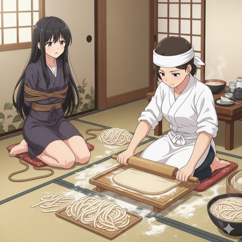 縛った女性の前でうどんを打つ職人