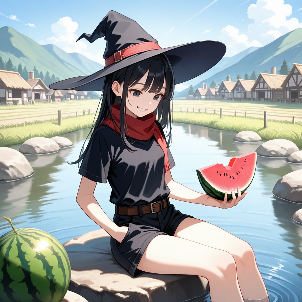 水辺で西瓜を頂く魔女さん