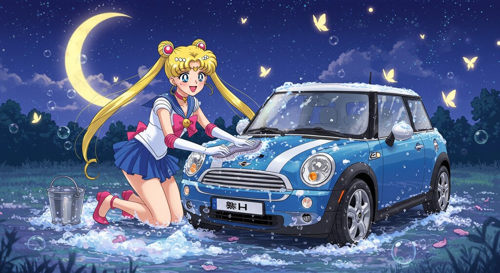 セーラームーンがミニクーパーを洗う