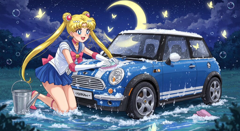 セーラームーンがミニクーパーを洗う