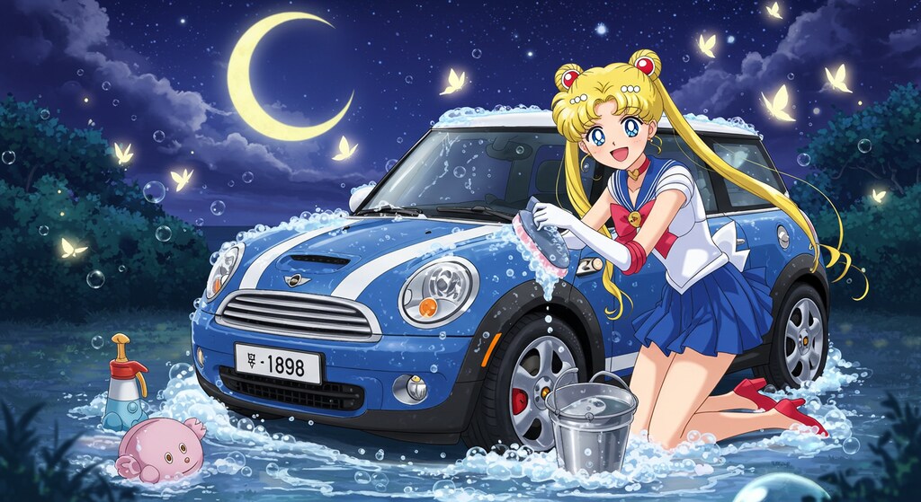 セーラームーンがミニクーパーを洗う