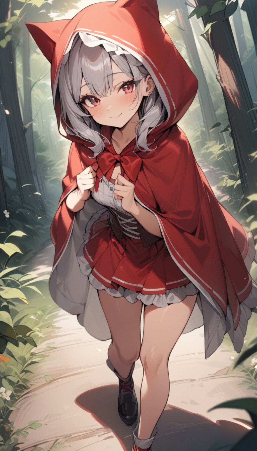 森の道を歩く赤ずきんちゃん