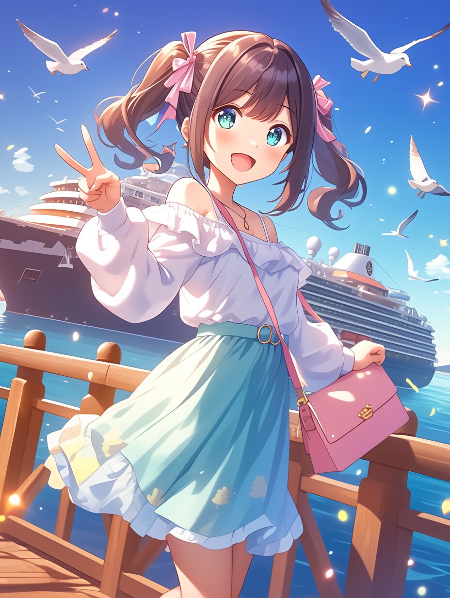船の前でピースサイン