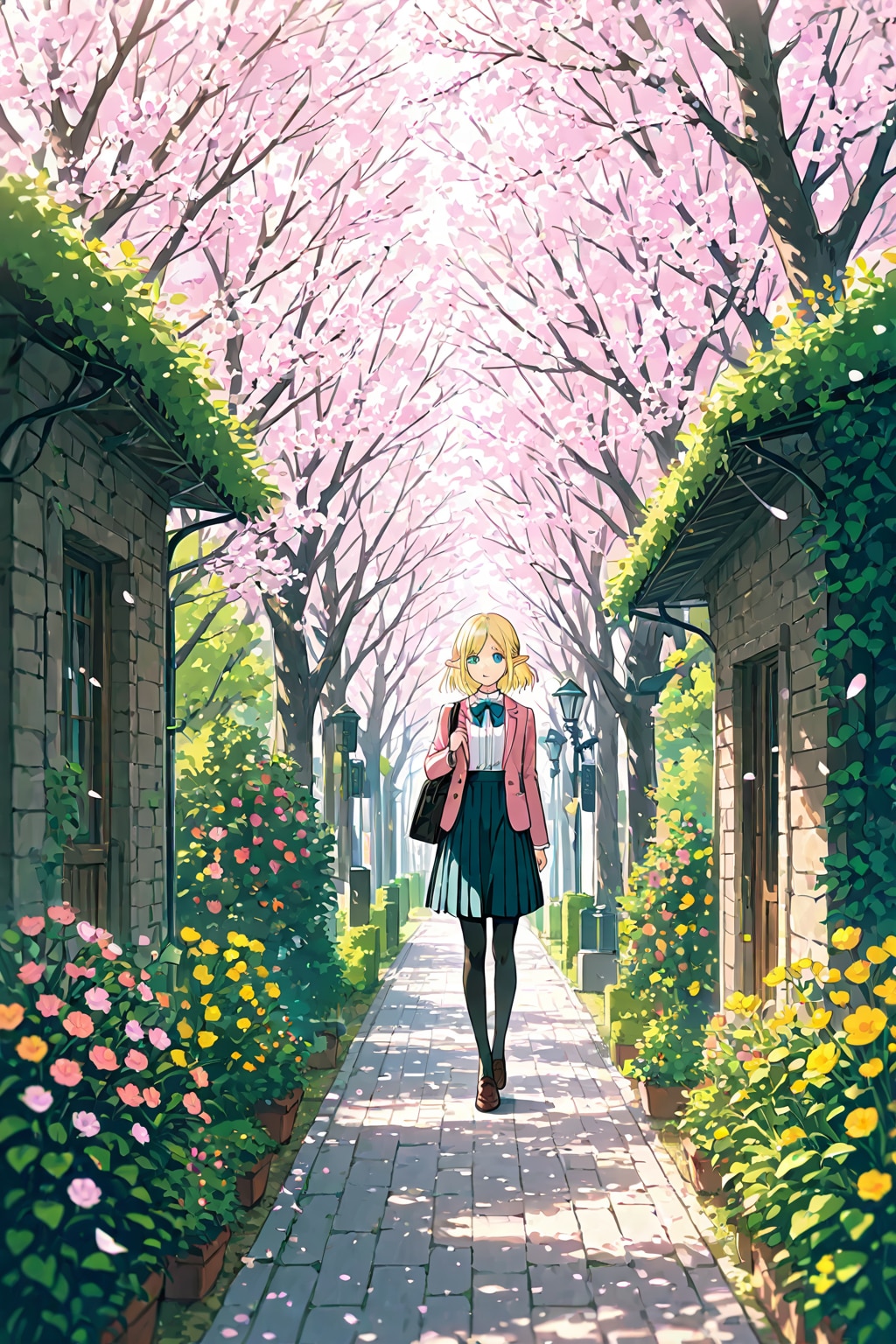 ピンクのブレザーを着たエルフ。春の風景 | の人気AIイラスト・グラビア