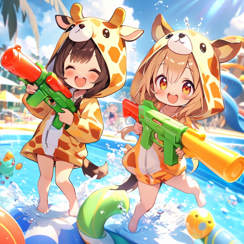 水鉄砲で遊ぶキリン着ぐるみちび子ちゃん