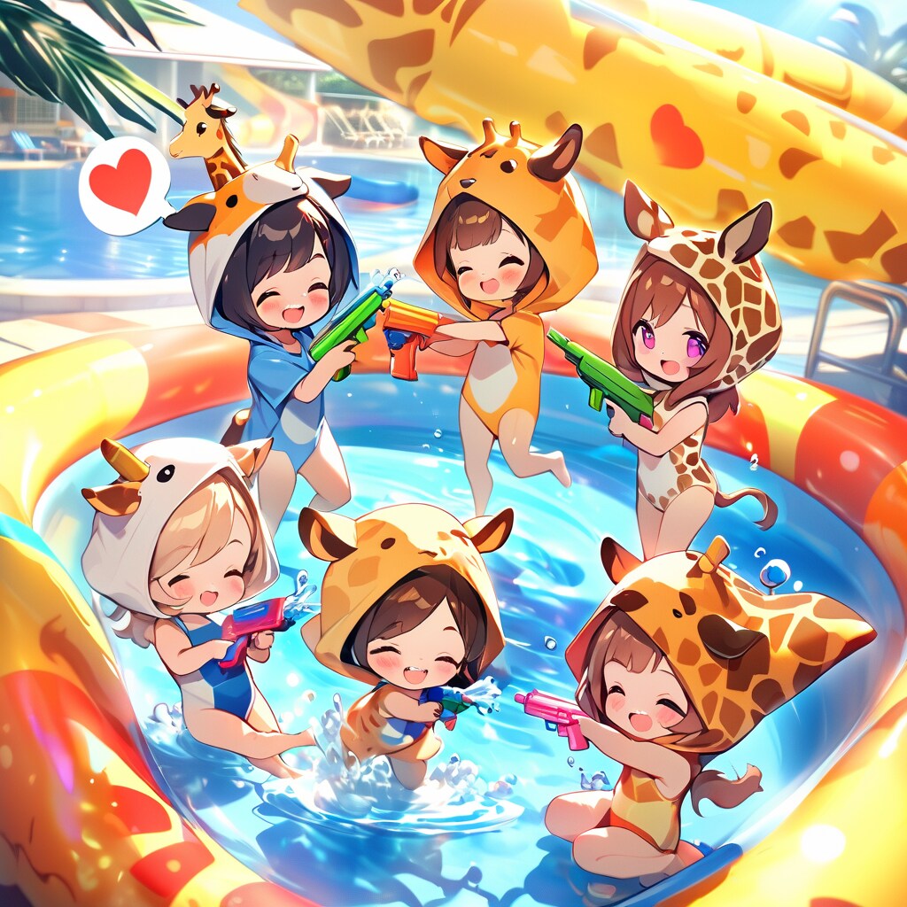 水鉄砲で遊ぶキリン着ぐるみちび子ちゃん