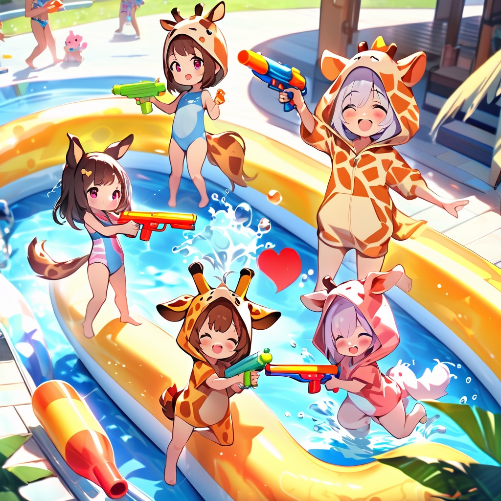 水鉄砲で遊ぶキリン着ぐるみちび子ちゃん