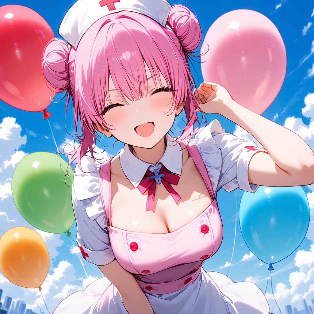 いっぱい風船を膨らませて笑顔のナース服の美女。
