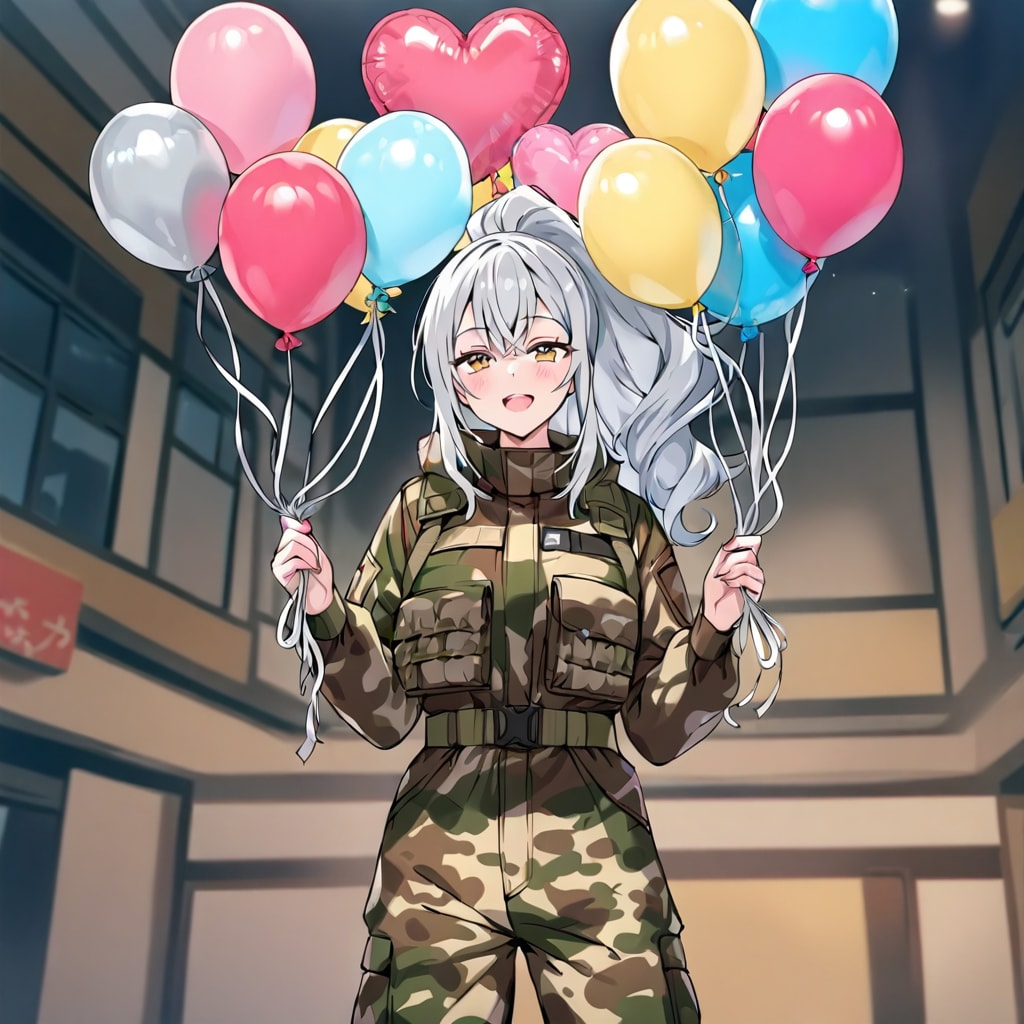 いっぱい色とりどりの風船を持つ銀髪ポニーテールの迷彩服着た美女