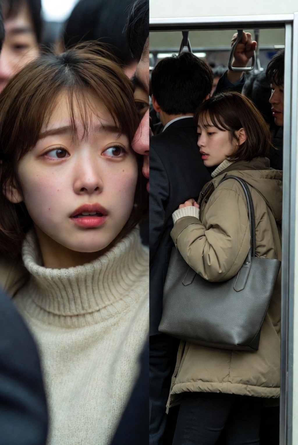 満員電車で通勤する美人ママ