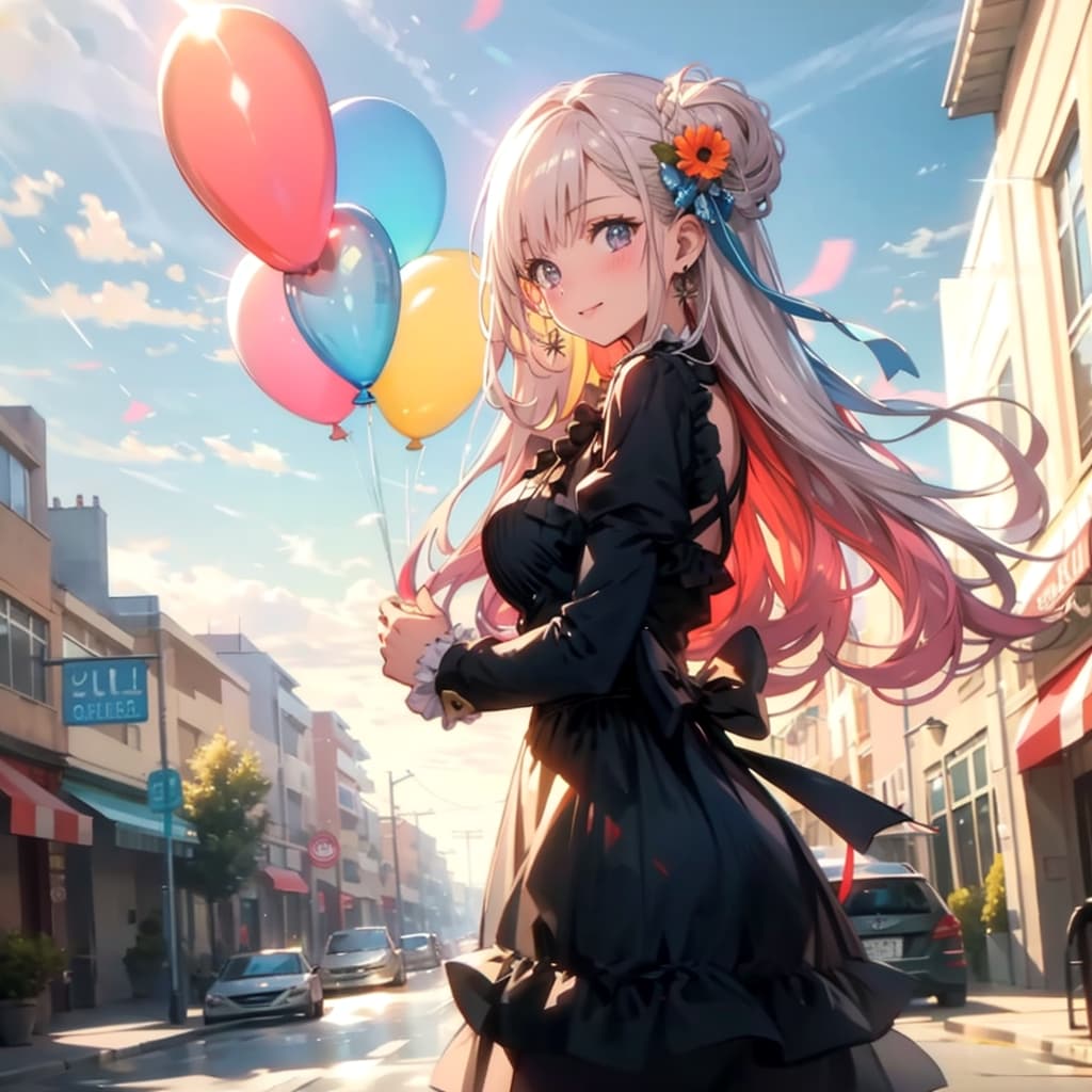 いっぱい色とりどりの風船を持つ大正ロマンの服装した美女