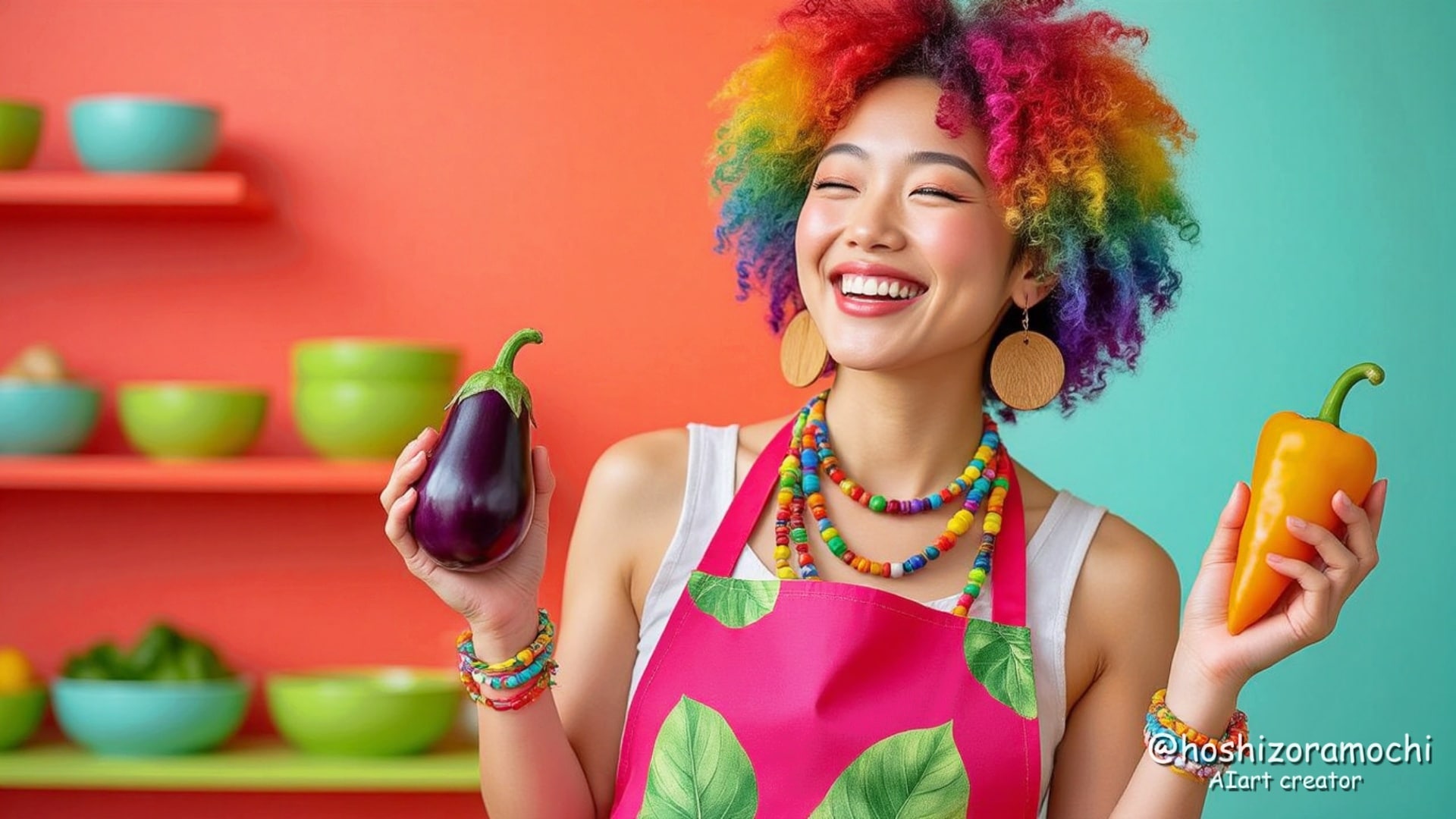 虹色の髪が踊る爆発系ヴィーガンクリエイター | の人気AIイラスト・グラビア