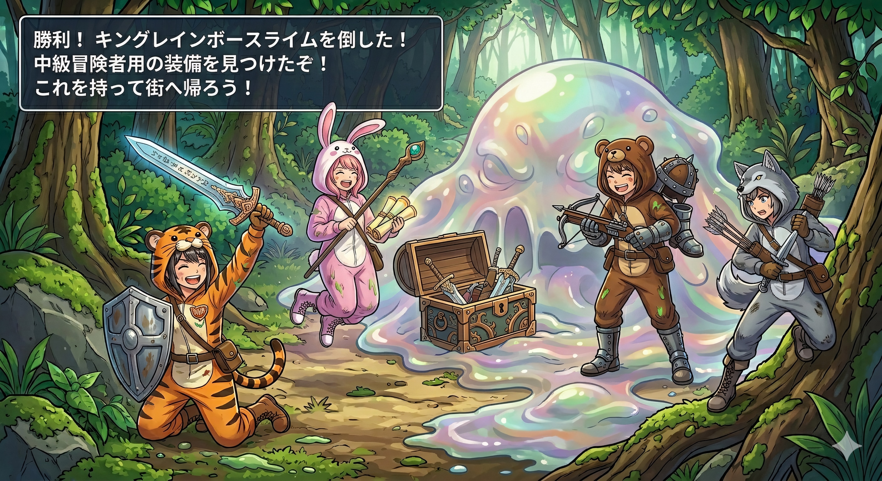 【All0422b】キングレインボースライムを倒した、亡骸の中から宝箱を見つけた、宝箱の中には中級冒険者の武器が入っていた（モデル: NanoBanana2） | の人気AIイラスト・グラビア