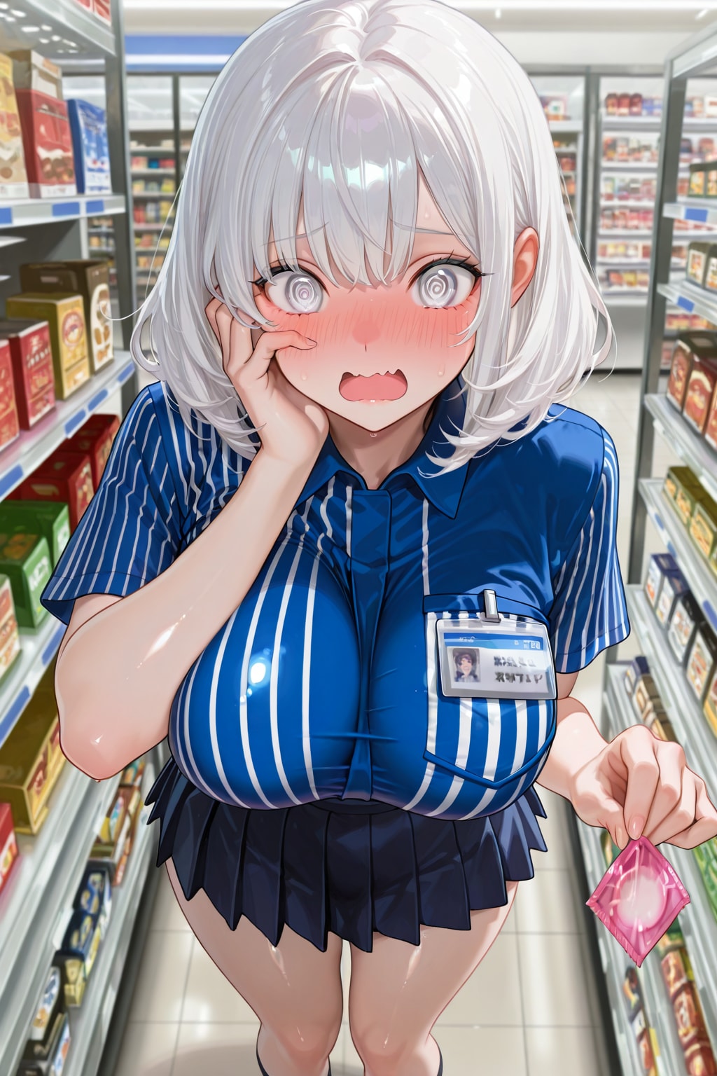 アレの品出し中に箱から中身が出てきて真っ赤になる真っ白お姉さん