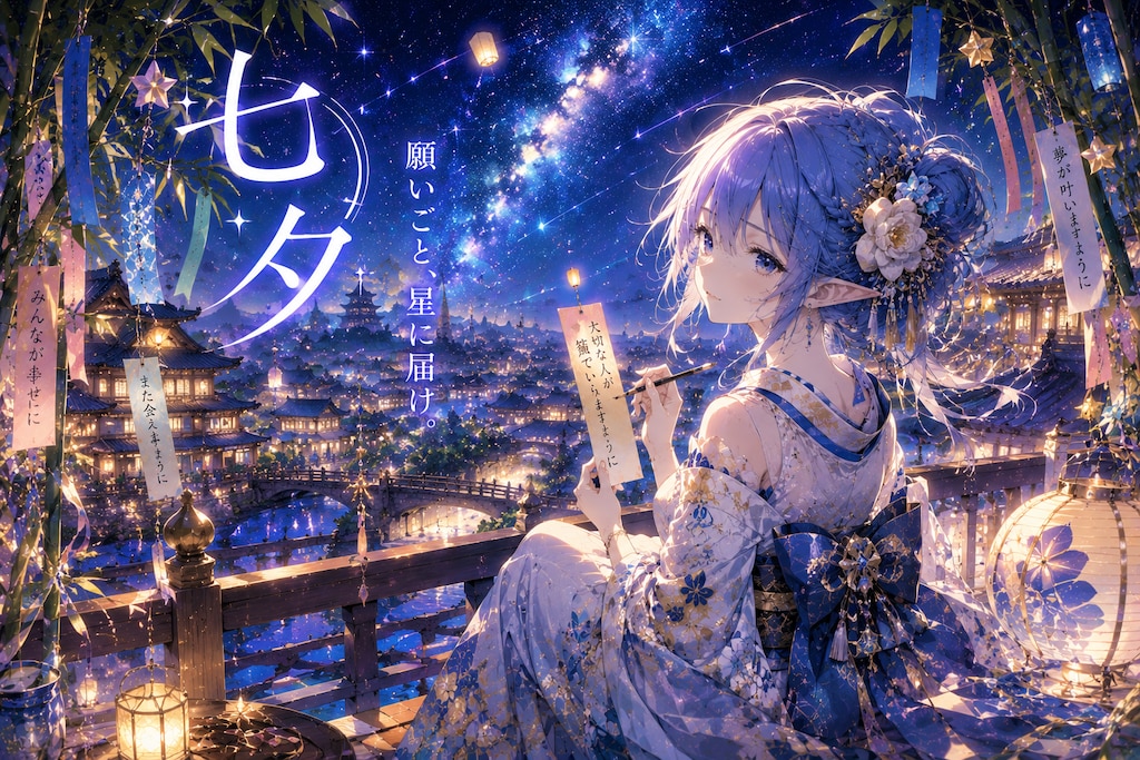 七夕の短冊に願うエルフの女の子