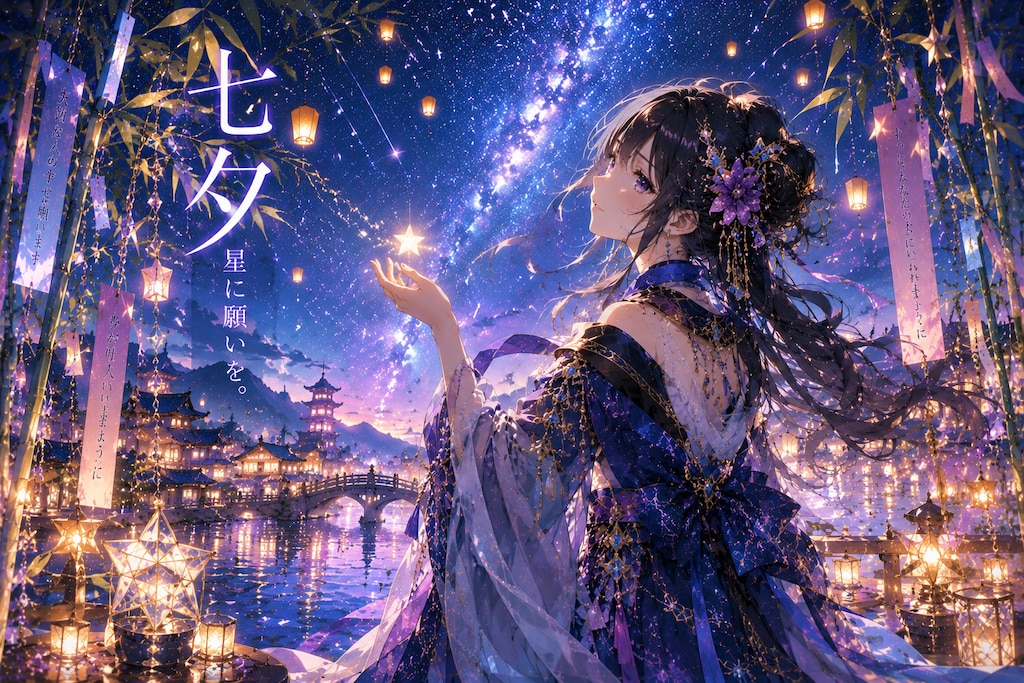 七夕の短冊に願うエルフの女の子