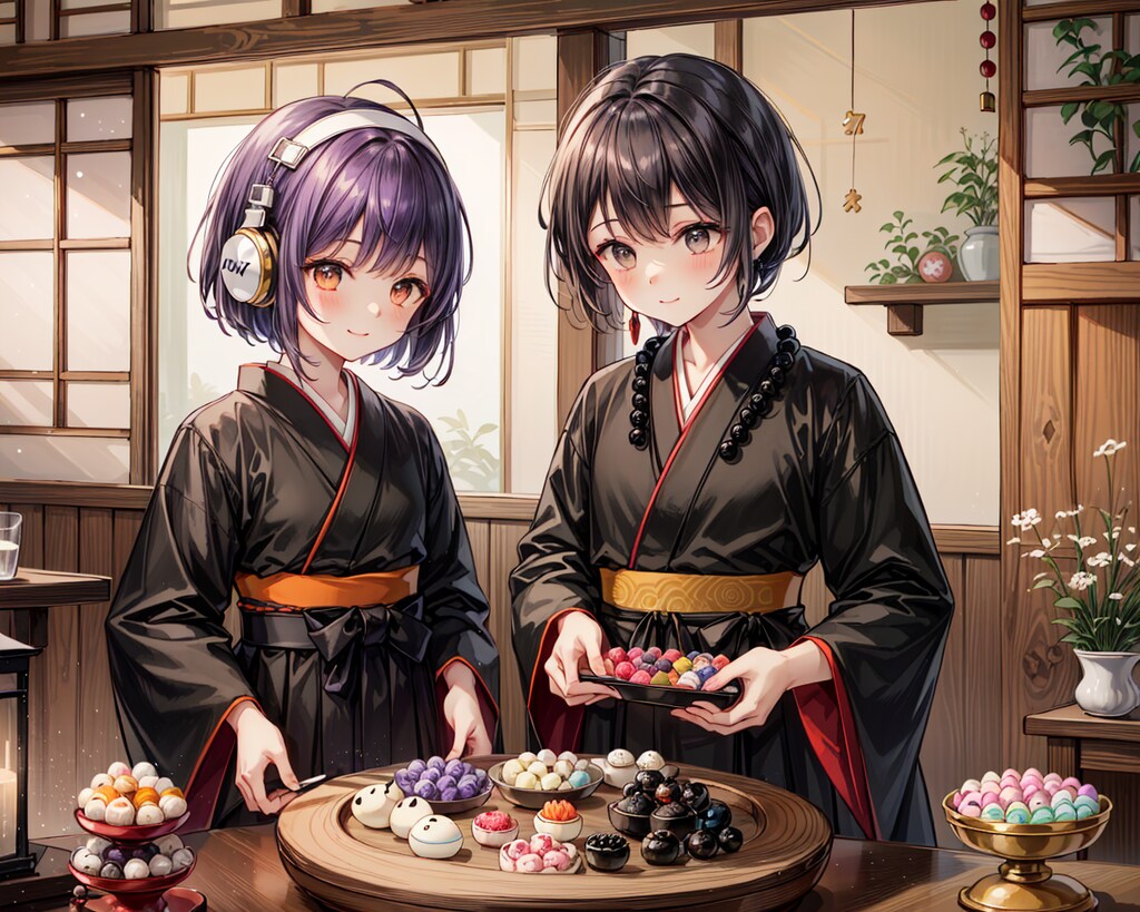 雛祭りにひなあられを準備するヘッドフォン華憐嬢と僧侶