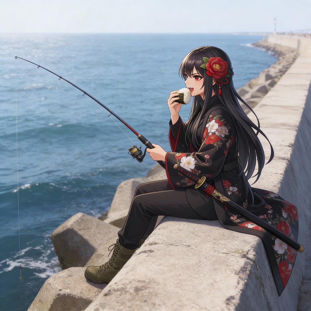 おにぎり片手に釣りをするツバキ