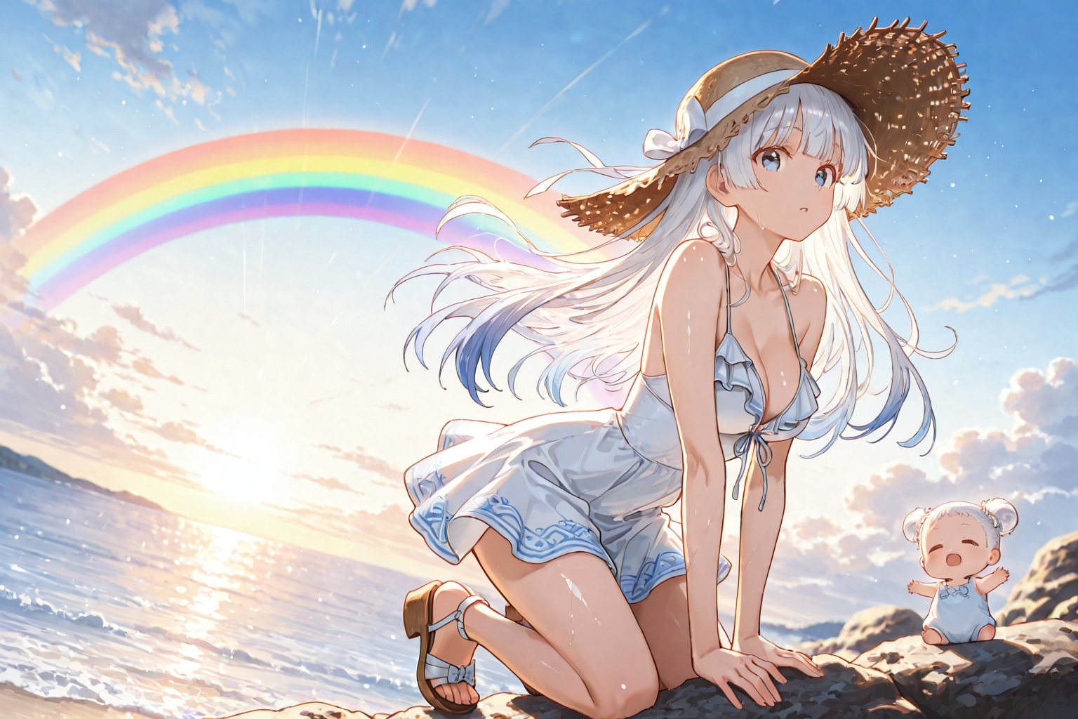 夏の湖畔に架かる虹