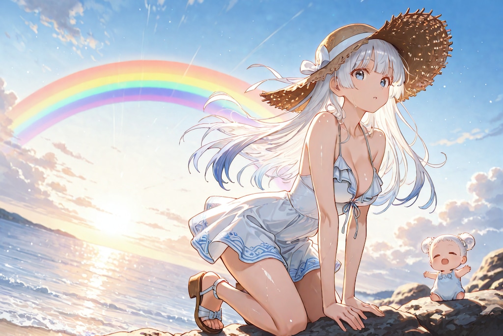 夏の湖畔に架かる虹