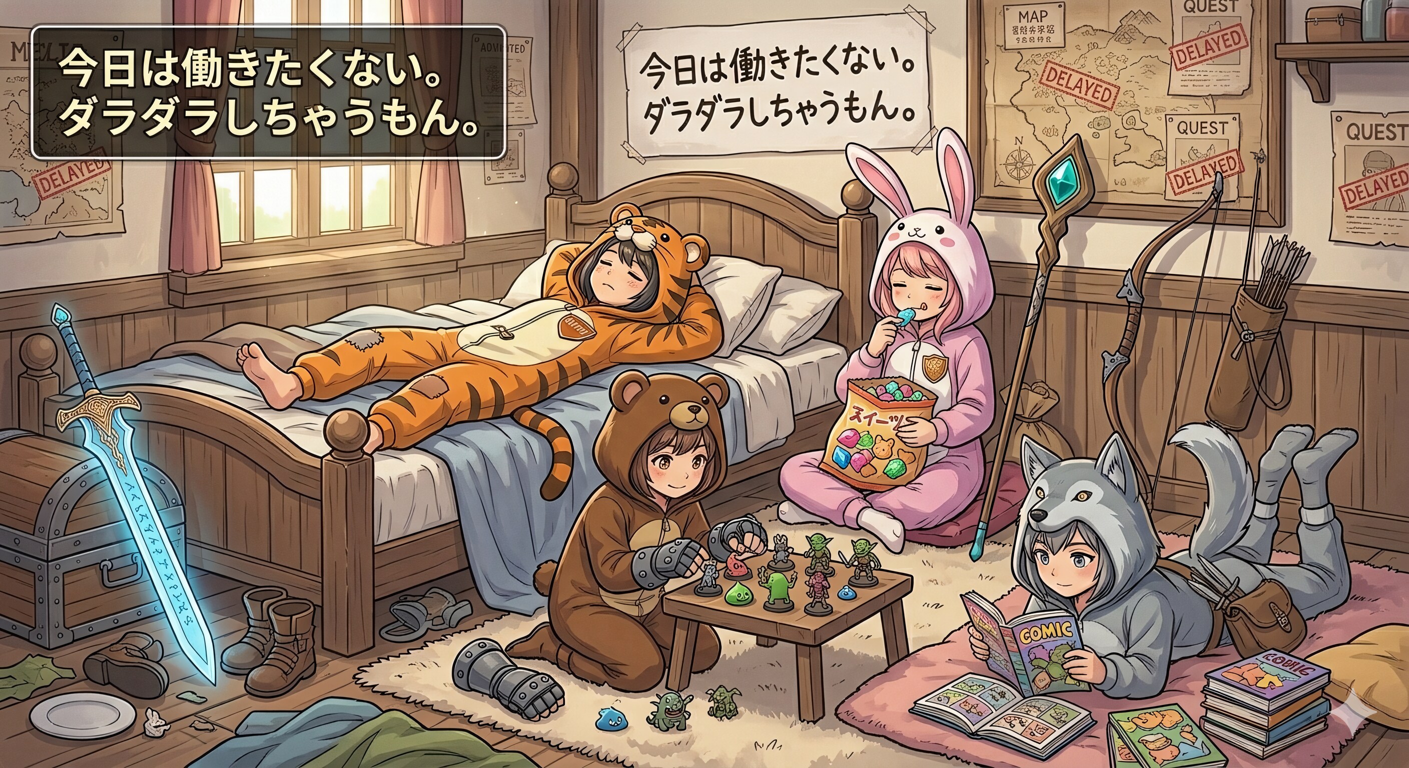 【All0505b】今日は朝からみんなの体調が優れない、疲れているのかも、冒険は今日はお休みする。（NanoBanana2）