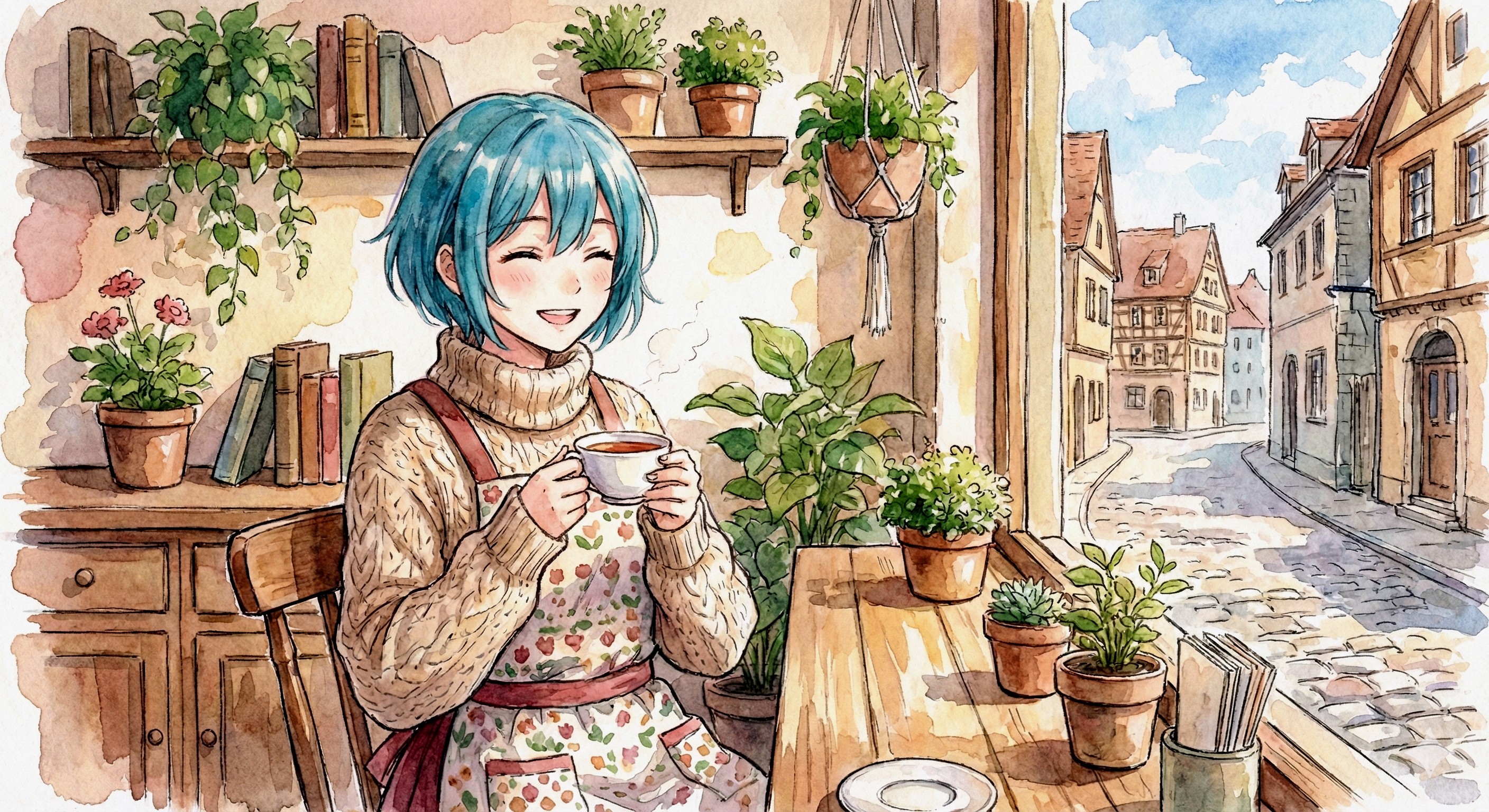 水彩画ミクさん　窓辺の特等席と、午後の紅茶 | の人気AIイラスト・グラビア