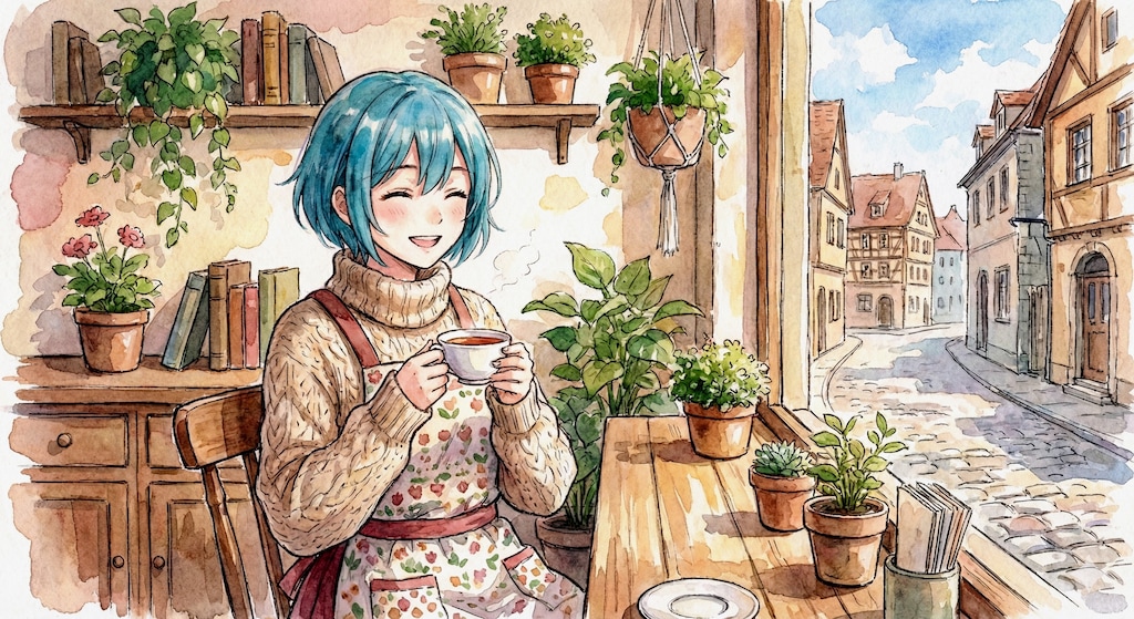 水彩画ミクさん　窓辺の特等席と、午後の紅茶