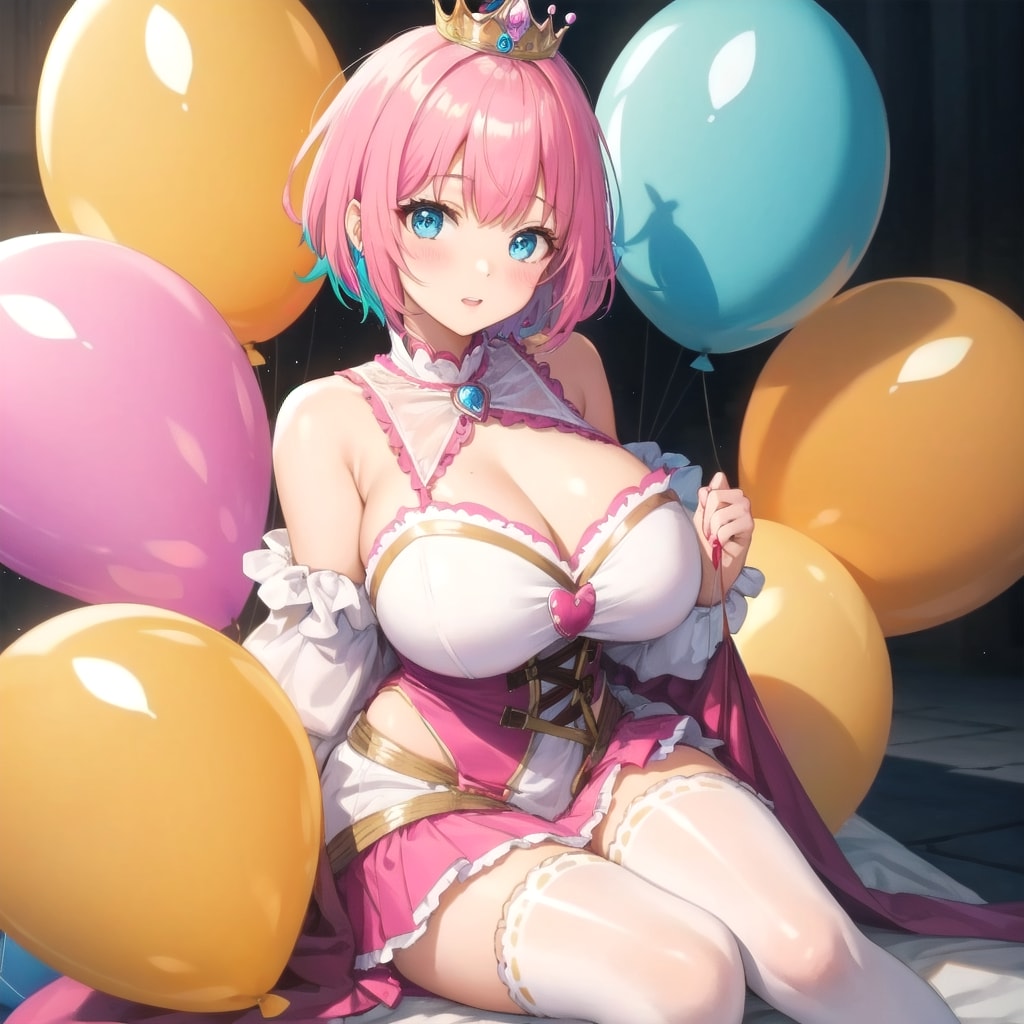 いっぱい色とりどりの風船を持つピンク髪ショートカットのお姫様