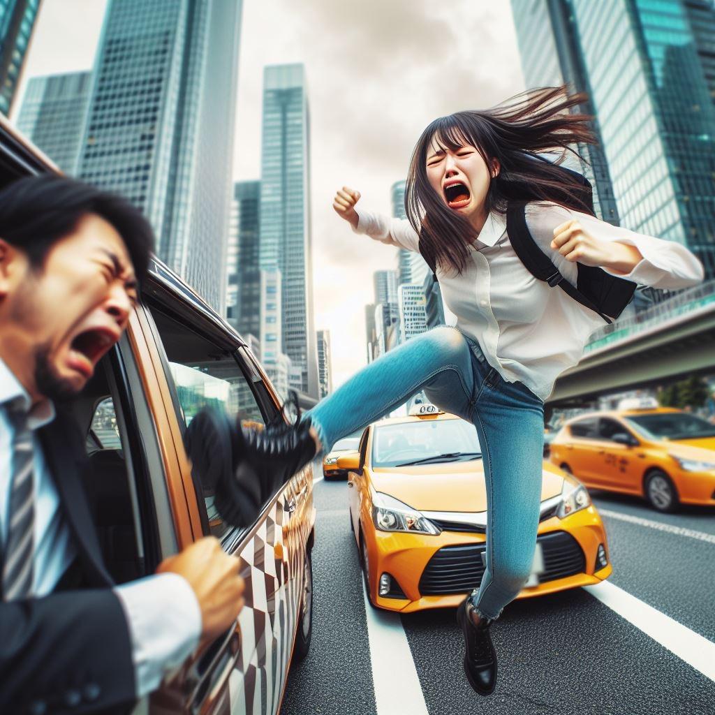【謎画像】タクシーを拾おうと蹴りを入れる女の子