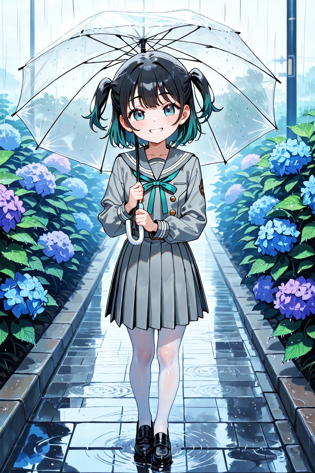紫陽花に 負けぬ笑顔や 雨の路