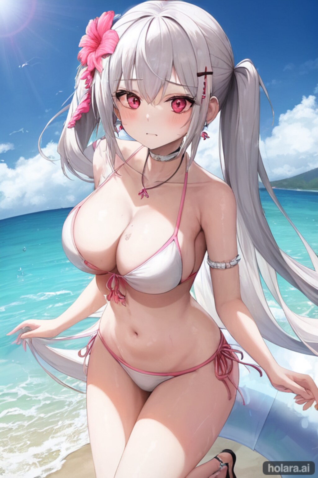 銀髪水著ポニーテール少女